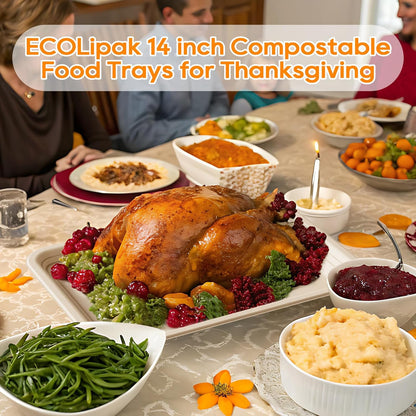 ECOLipak 100 Pack 14 Inch Disposable Food Crawfish Trays, Compostable Large Paper Plates, Disposable Thanksgiving Trays for Serving Food, Turkey, BBQ, Seafood Boil Party Supplies(White)