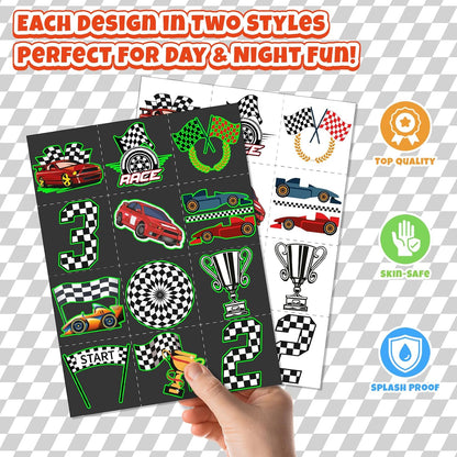 96 PCS Checkered Flags Party Favors Set – 72 Pre-Cut Temporary Tattoos & 24 Slap Bracelets for Kids, Perfect for Racing Birthday Parties, Car-Themed Celebrations & Classroom Rewards