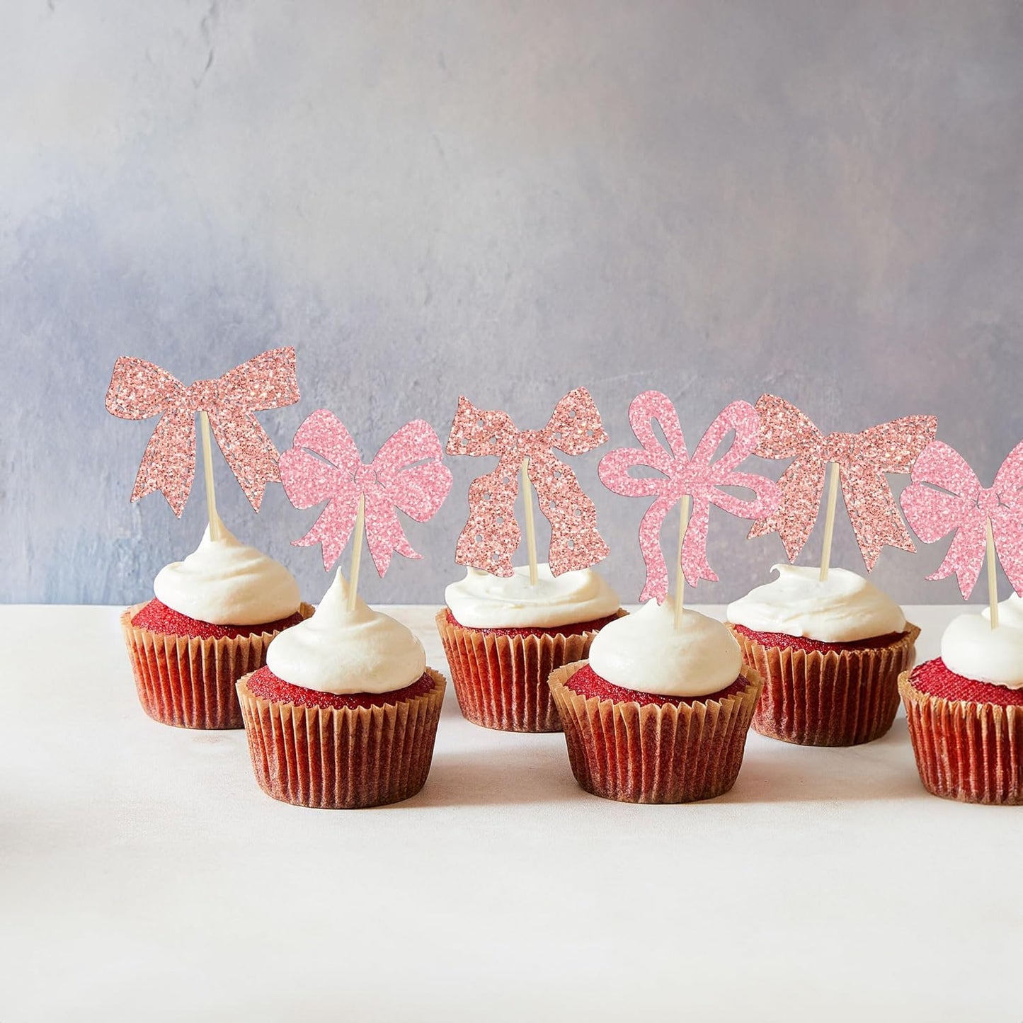 Ephlyn 24Pcs Pink Bow Cupcake Toppers Bow Birthday Cake Topper Girls Birthday Party Decorations Bowknot Cupcake Decorations for Bridal Wedding Themed Party Multi