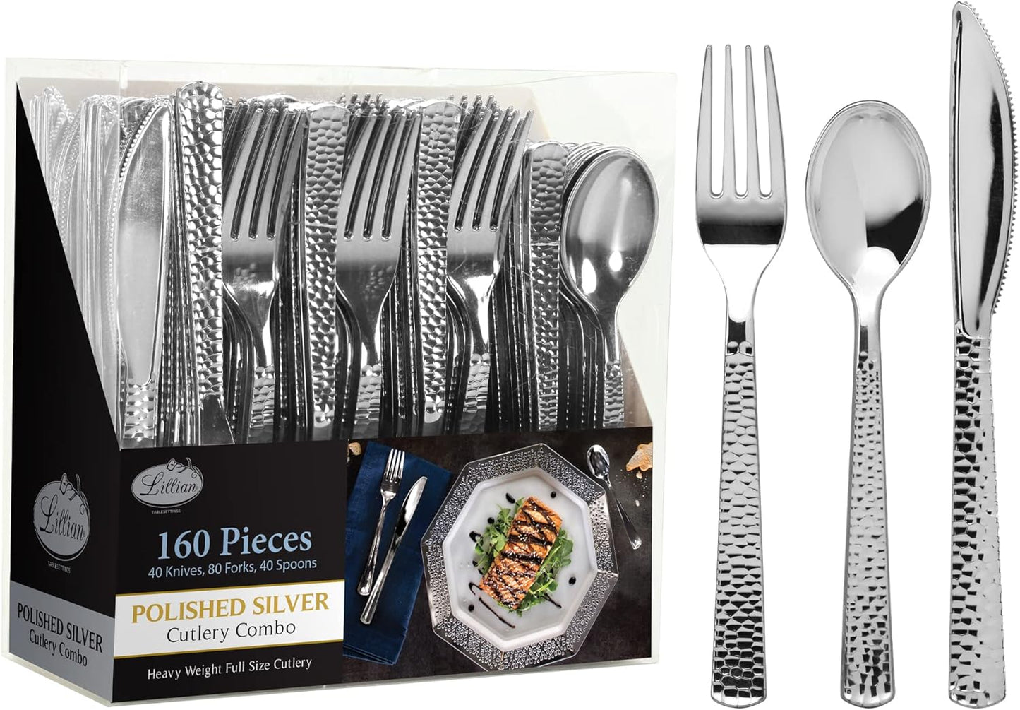 Plastic Cutlery Silverware Extra Heavyweight Disposable Flatware, Full Size Cutlery Combo, Polished Silver, 80 Forks, 40 Spoons, 40 Knifes, Value Pack 160 Count