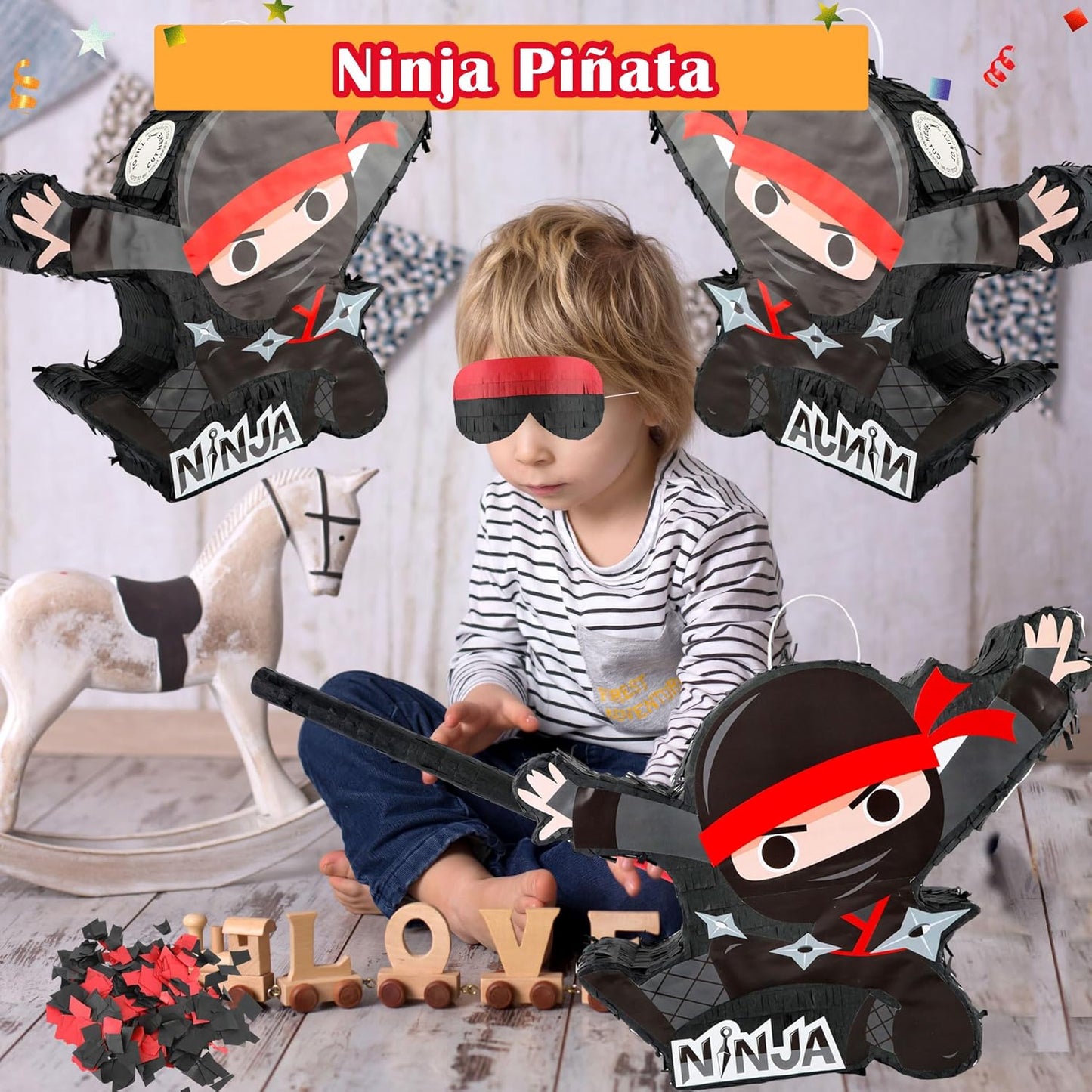 Ninja-Themed Piñata Black Ninja Pinata Bundle Paper Cool Warrior Design Pinata with Stick Blindfold Confetti for Birthday Party Decor Props