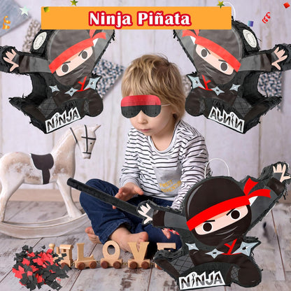 Ninja-Themed Piñata Black Ninja Pinata Bundle Paper Cool Warrior Design Pinata with Stick Blindfold Confetti for Birthday Party Decor Props