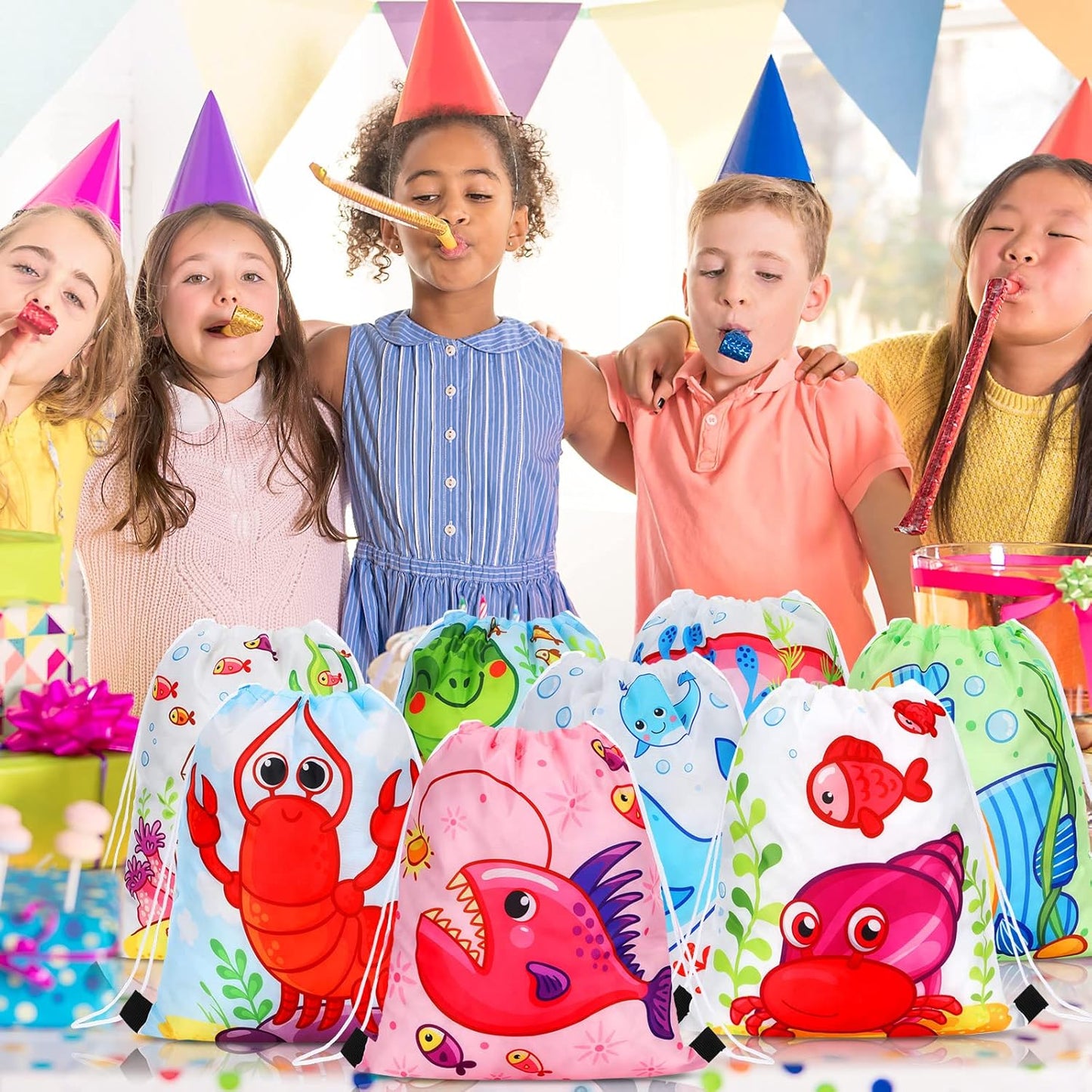 Funtery 32 Pcs Glow Party Drawstring Bags Glow Party Favors Neon Birthday Treat Bags for Teens Social Media Theme Gifts School Travel Supplies, 11.81 x 9.84 Inch