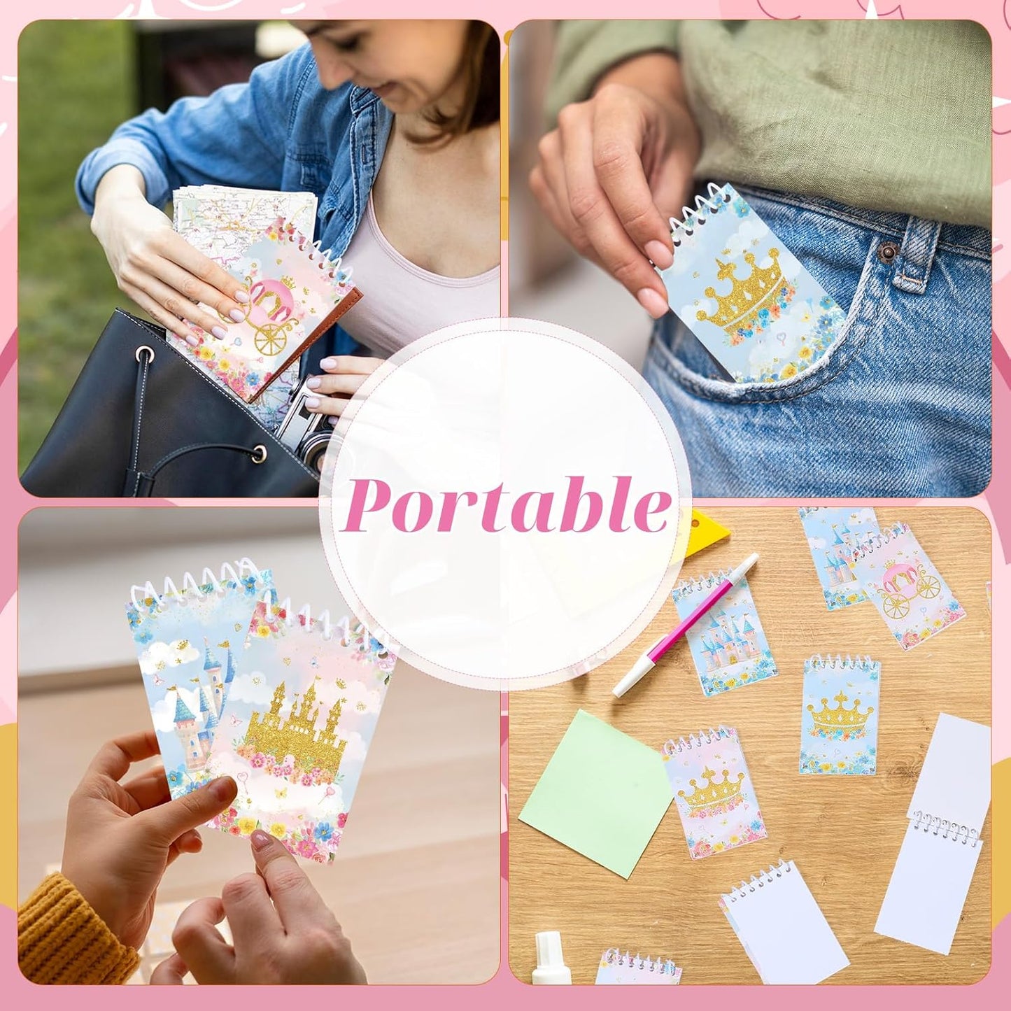 24Pcs Princess&Prince Castle Mini Spiral Notebooks Party Supplies Blue Pink Mini Notepad Pocket Journal Gifts for Kids Boys Girls Birthday Party Decorations Teacher Rewards Classroom School Supply