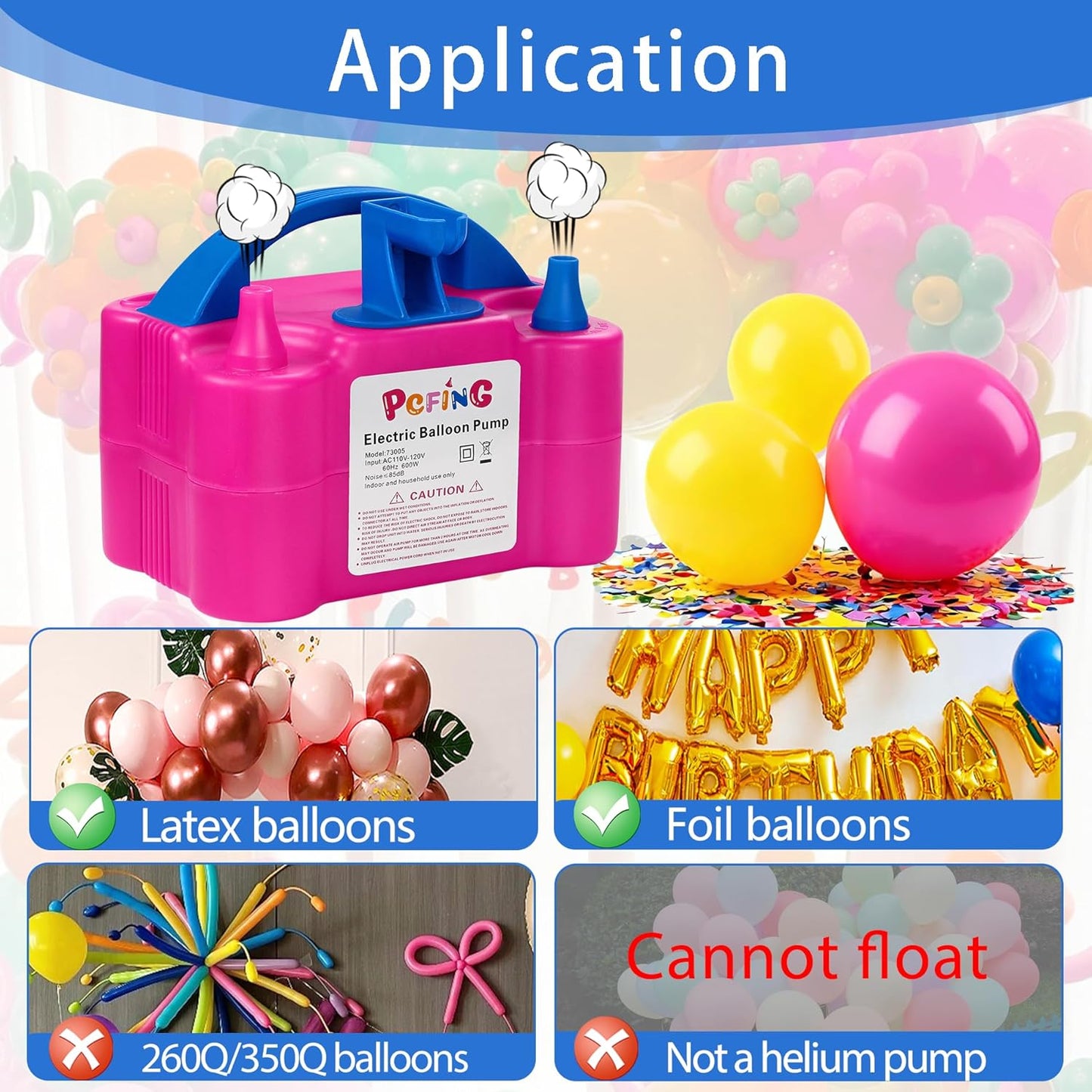 PCFING Balloon Pump Electric, Portable Balloons Inflator Blower Machine with Balloon Tie Tool & Dual Nozzle
