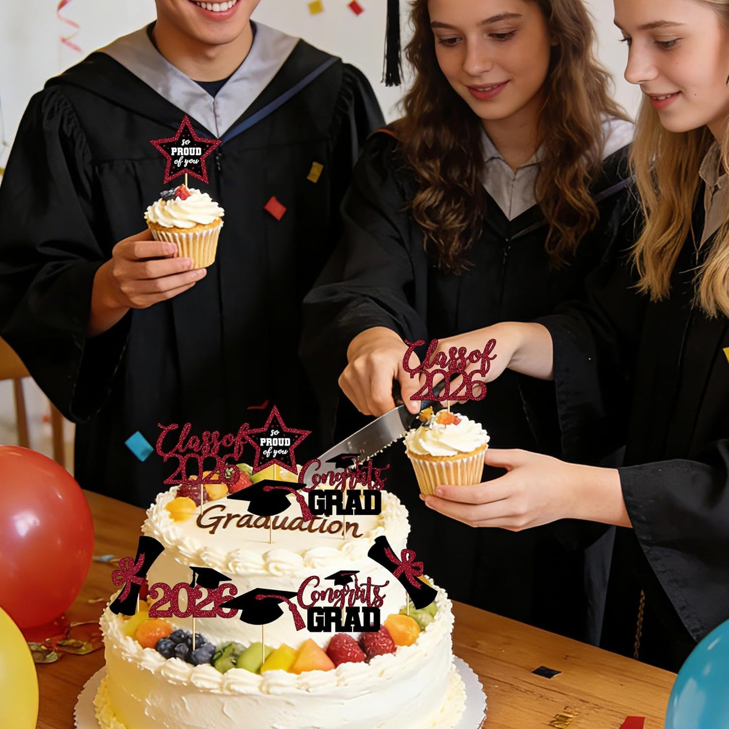 48 PCS Graduation Cupcake Toppers, Glittery 6 Styles Congrats Grad Cake Topper, Black and Red Graduation Decorations 2026, Cap and Diploma Cake Picks for Grad Party Supplies