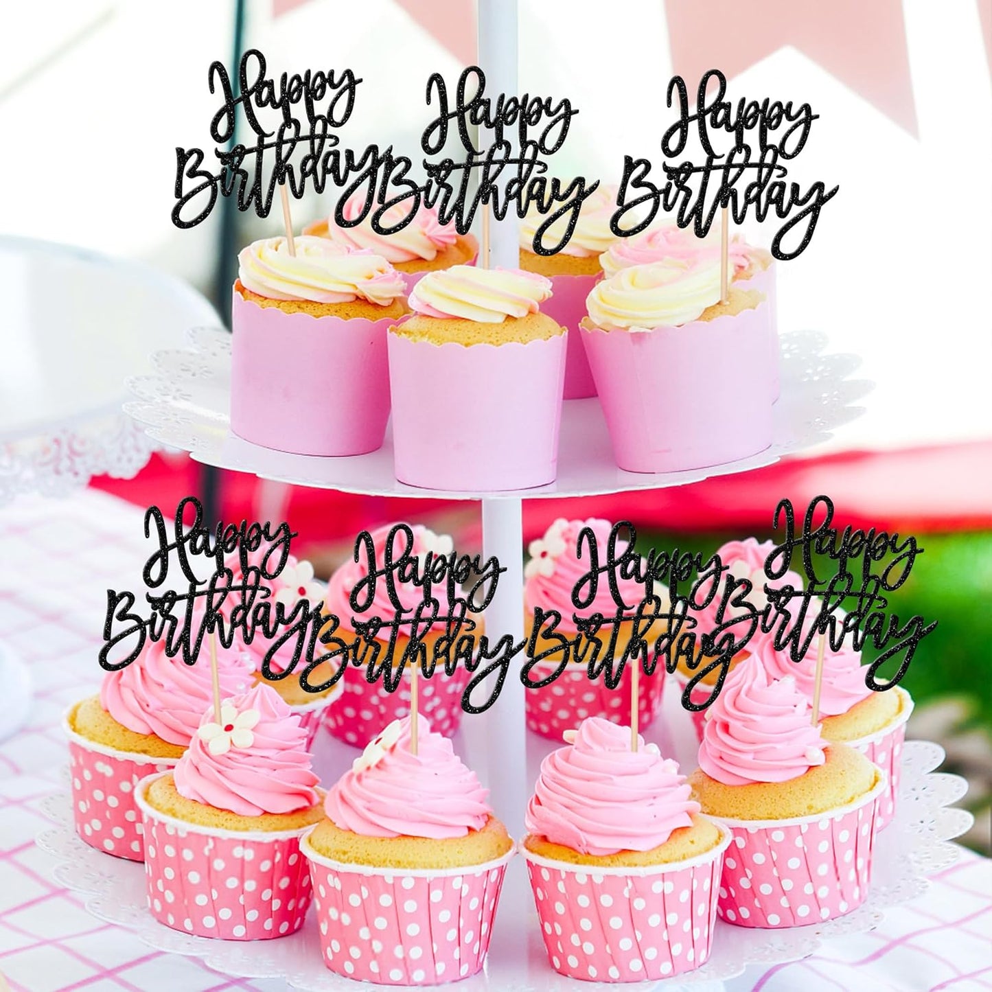 24 PCS Happy Birthday Cupcake Toppers Glitter Picks for Celebrating Anniversary Theme Party Cake Decorations Supplies Gold