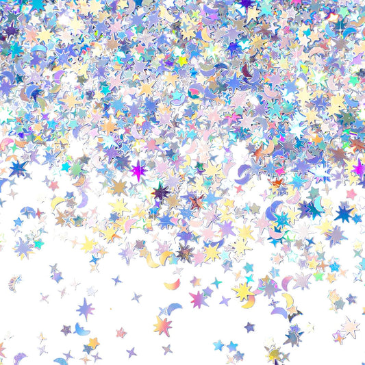 Skylety 60 G/ 2.1 oz Holographic Star Moon Glitter Fairy Confetti Sequin Galaxy Iridescent Metallic Glitter Foil Confetti Sequin Scatter for Valentines Wedding Party DIY(10 mm, 6 mm,Silver)