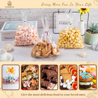 LOKQING Clear Cellophane Treat Bags 6 x 10 in, 100 Pack Mothers Day Gift Bags with Twist Ties, Bags for Cookies, Candy, Party Favors, Bakery Packaging and Small Gifts