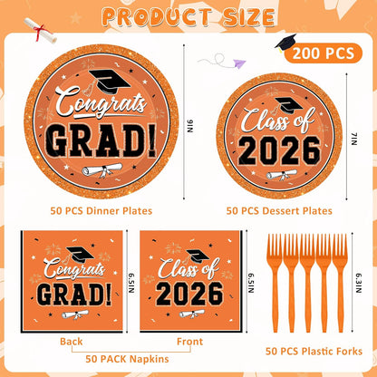 200Pcs Graduation Decorations 2026, Blue Graduation Plates and Napkins Party Supplies for 50 Guests, Disposable Grad Plates, Napkins, Dessert Plates and Forks for Grad Decor Wedding Birthday Supplies