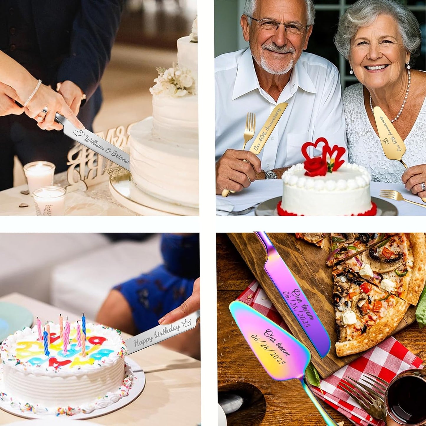 HJX Personalized Wedding Cake Knife and Server Set with Champagne Flutes, Custom Name Text Toasting Glasses for Bride and Groom, Cake Cutting Set Ideal Wedding Engagement Bridal Shower Gift