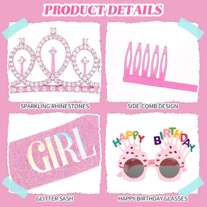 YARIEW 3rd Birthday Decorations, 3rd Glitter Purple Sash and Crown Kit with Happy Birthday Sunglasses, Tiara Princess Crown and Sash Party Outfit Accessory