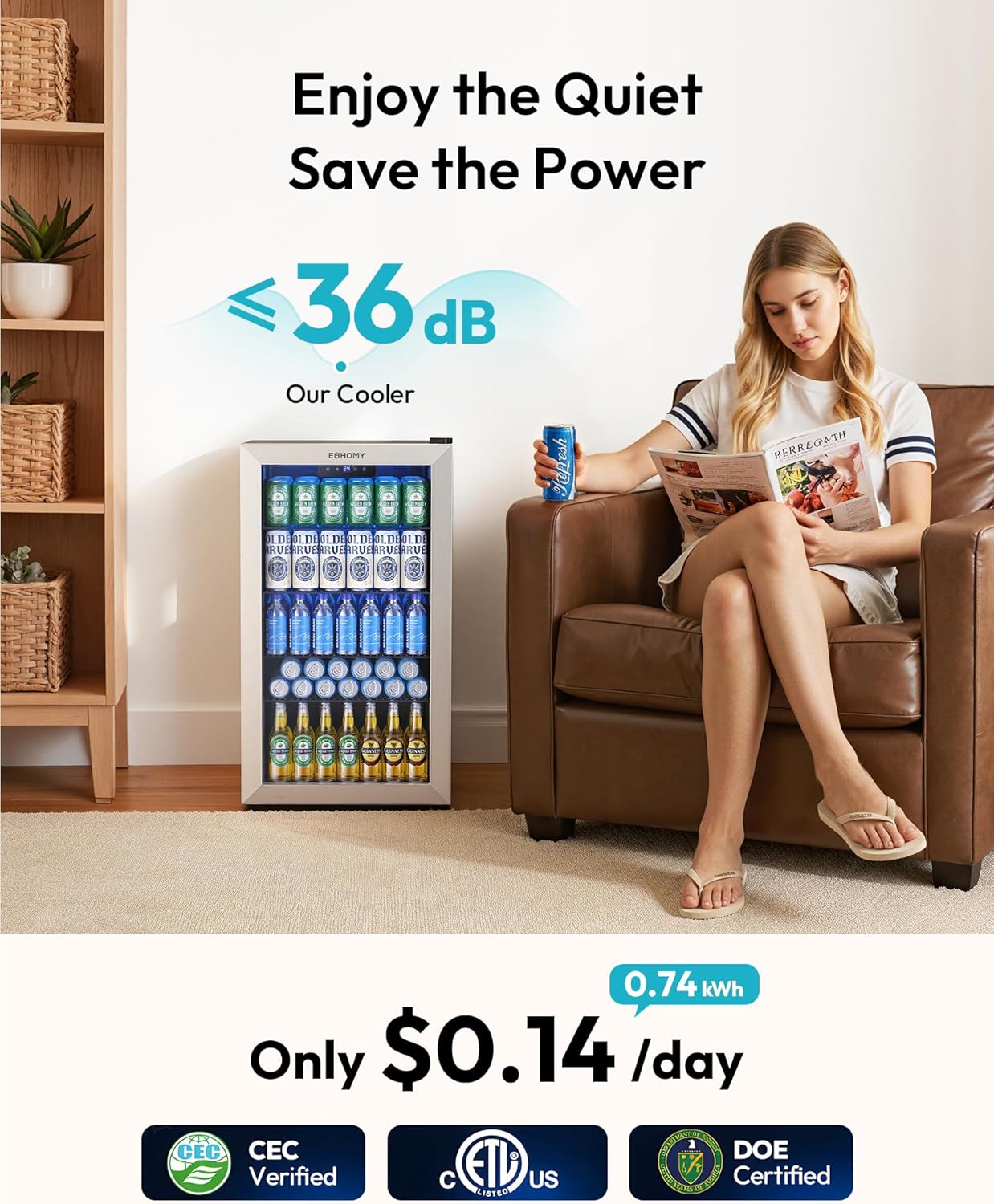 EUHOMY 4.5 Cu.ft Beverage Refrigerator and Cooler, 145 Can Mini fridge with Glass Door for Soda Beer Wine, Small Drink Dispenser with Digital Adjustable Thermostat for Home Office Bar