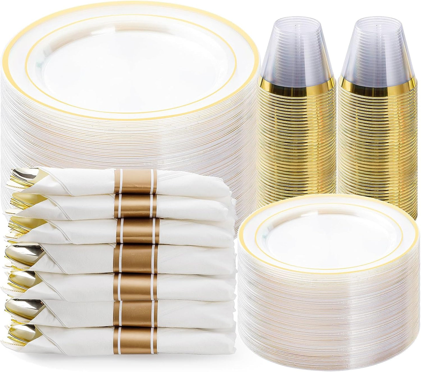 BESTVIP 350PCS Gold Plastic Dinnerware Set, Disposable Party Plates for 50 Guests, Include: 100 Plastic Plates, 50 Pre Rolled Napkins with Gold Silverware, 50 Cups