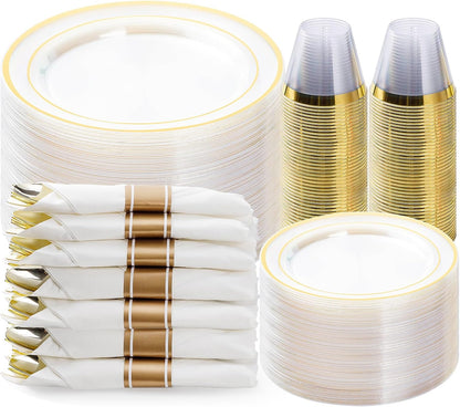 BESTVIP 350PCS Gold Plastic Dinnerware Set, Disposable Party Plates for 50 Guests, Include: 100 Plastic Plates, 50 Pre Rolled Napkins with Gold Silverware, 50 Cups