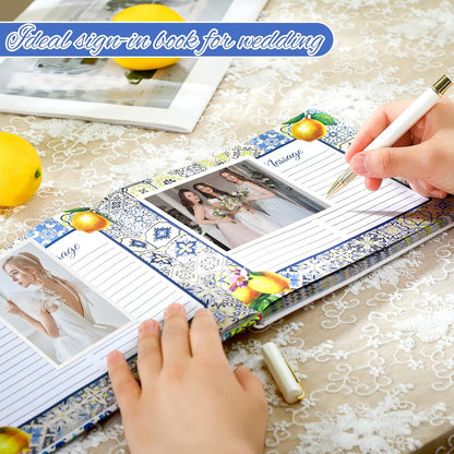 Panelee Wedding Guest Book with Pen Set Elegant Guest Sign in Books Bridal Shower Guestbook Beautiful Guest Book Wedding Reception Guestbook for Wedding (Flower, Blue)