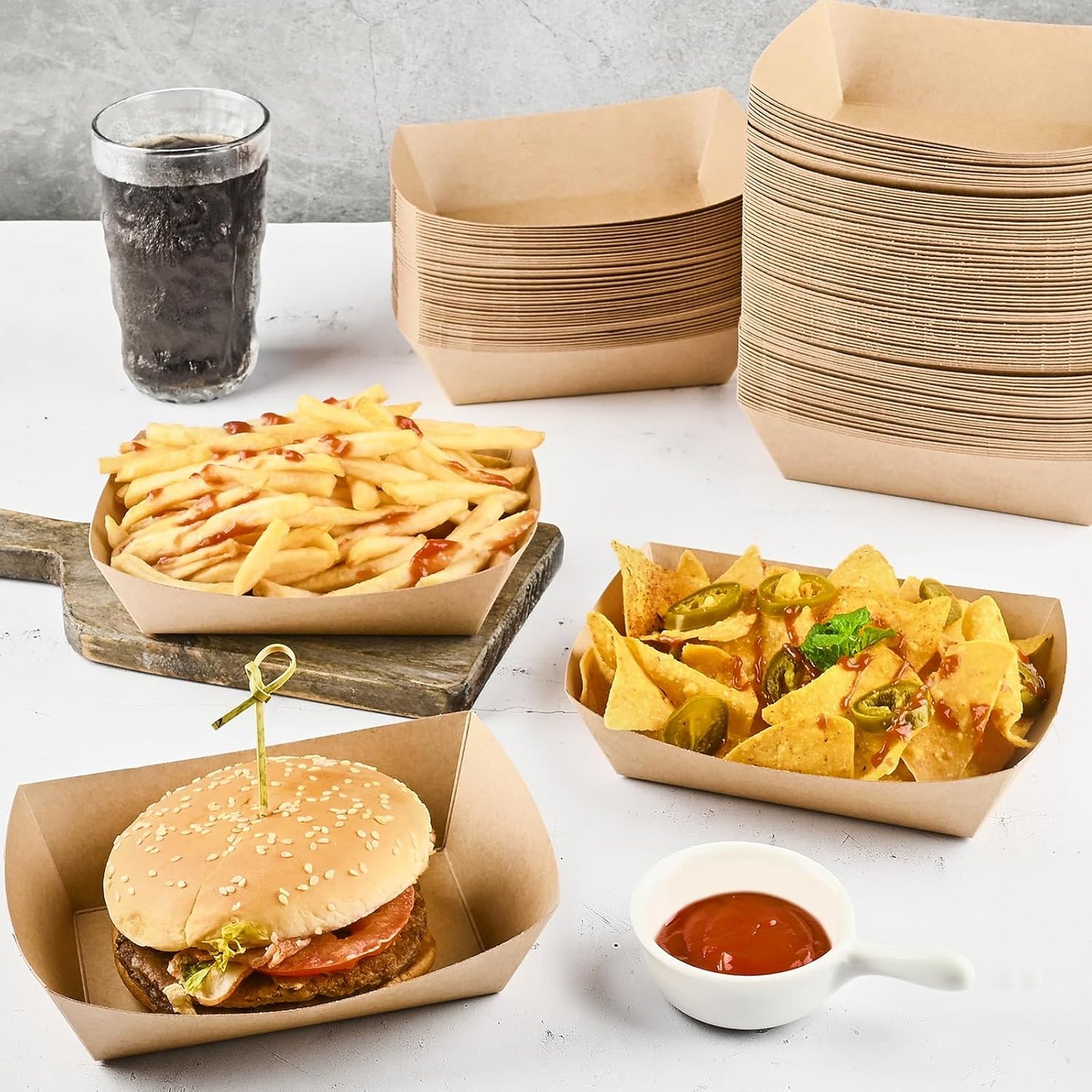 Ocmoiy 1lb Paper Food Trays, 100 Pack Heavy Duty Kraft Food Boats Holders Disposable Serving Basket Trays for Nachos, Fries, BBQ, Festivals, Party