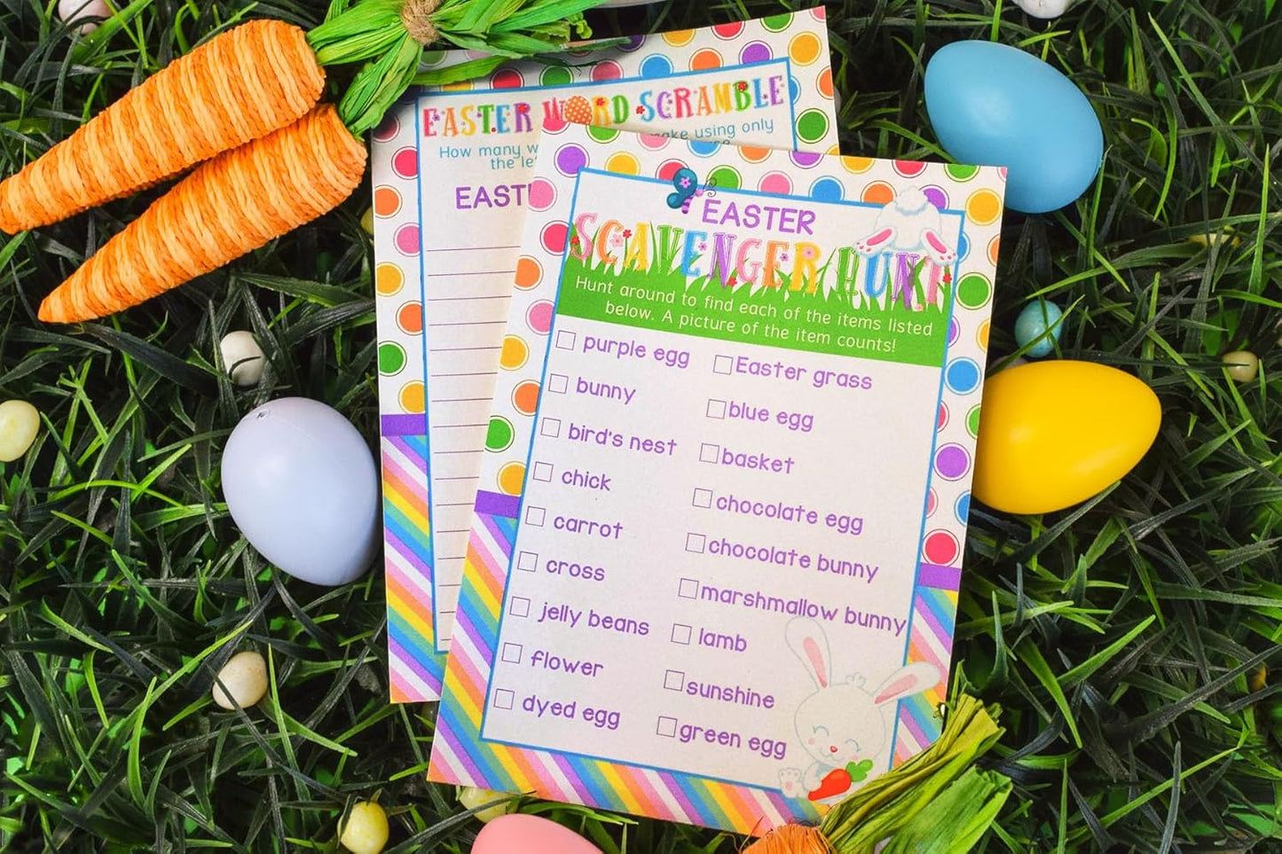 Easter Word Scramble and Scavenger Hunt 10 Pack 5"x7" Fill‑In Game Cards, Fun Happy Easter Holiday Activity Cards for Kids with Word Puzzle and Search Games by Amanda Creation