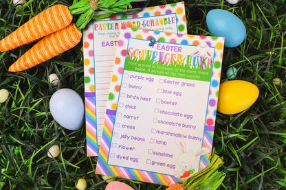 Easter Word Scramble and Scavenger Hunt 10 Pack 5"x7" Fill‑In Game Cards, Fun Happy Easter Holiday Activity Cards for Kids with Word Puzzle and Search Games by Amanda Creation
