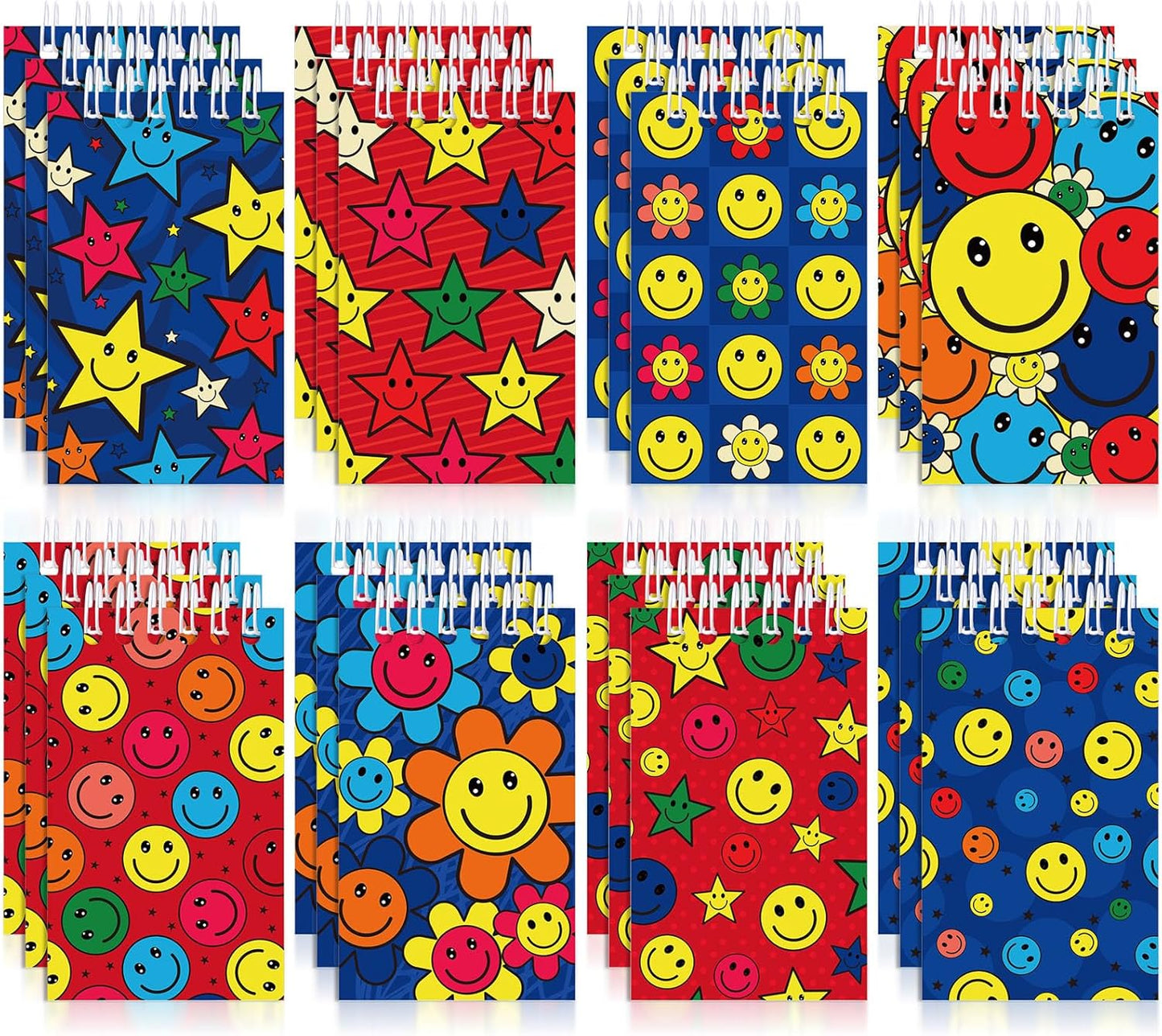 Faccito 24 Pcs Groovy Party Favor Retro Hippie Mini Spiral Notebook Retro Boho Pocket Notebook Bulk Groovy Mini Top Bound Notepad for Boho Birthday Decor Rewards Gifts(Smiling Face Style)