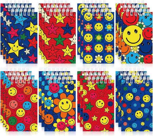 Faccito 24 Pcs Groovy Party Favor Retro Hippie Mini Spiral Notebook Retro Boho Pocket Notebook Bulk Groovy Mini Top Bound Notepad for Boho Birthday Decor Rewards Gifts(Smiling Face Style)