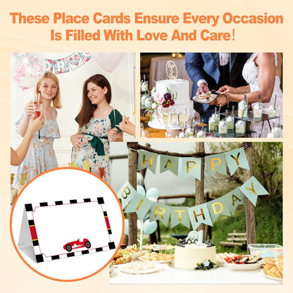Table Place Cards, Race Car Place Cards for Table Setting, Racing Car Themed Tent Style Food Name Labels, Receptions Parties Events Celebrations Fill-in Place Cards, 25 Pack -09