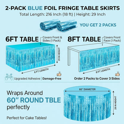 Blue Streamers Party Decorations, 2 Packs Blue Table Skirts Metallic Foil Fringe Tinsel for Birthday Under the Sea Boy Baby Shower Float Parade Mardi Gras Graduation Party Supplies -29x108Inch