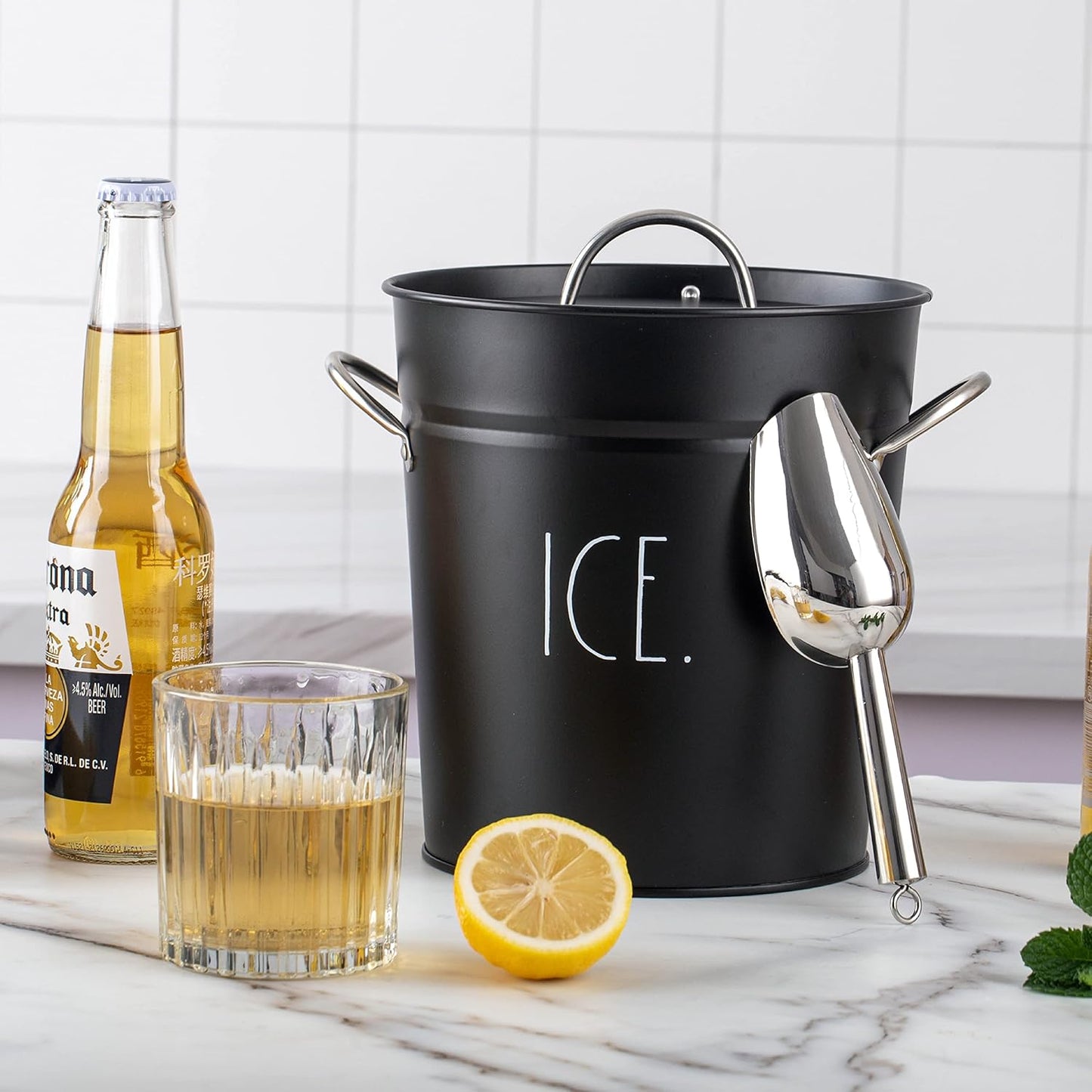 Rae Dunn Ice Bucket with Scoop - Stainless Steel Bucket with Handle, Lid and Ice Scooper - 4 Qt. Storage Bin for Ice Cubes for Bars, Parties, Backyard Barbeques, Picnics, and Camping (Sage)