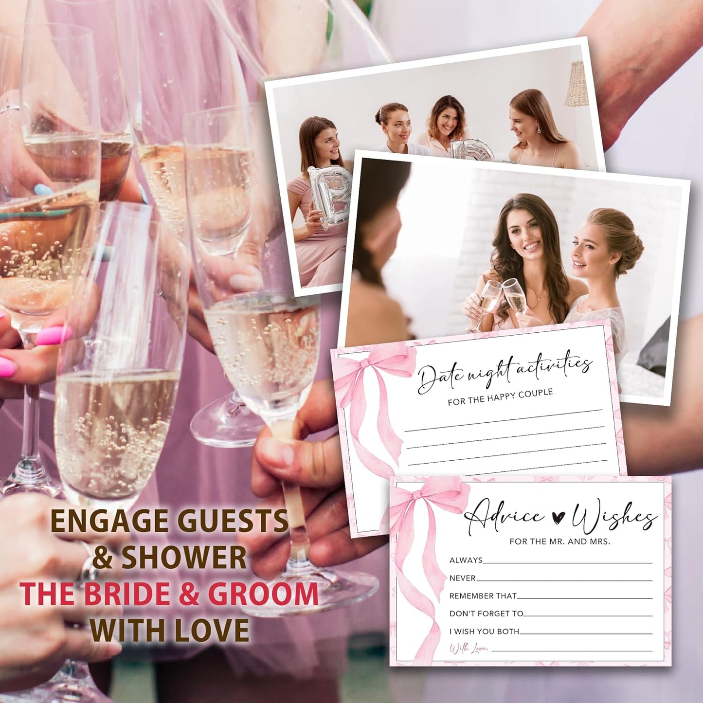 Boho Advice and Wishes for the Mr and Mrs - 50 Packs Wedding Advice Cards Bridal Shower Game Cards with Box Reception Guest Book for Bride Groom Newlywed Engagement Party Decoration -A08