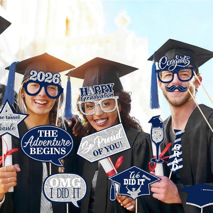 46Pcs Blue Gold Graduation Photo Booth Props 2026 Graduation Decorations with Sticks Class of 2026 Grad Party Favors Supplies for High School & College