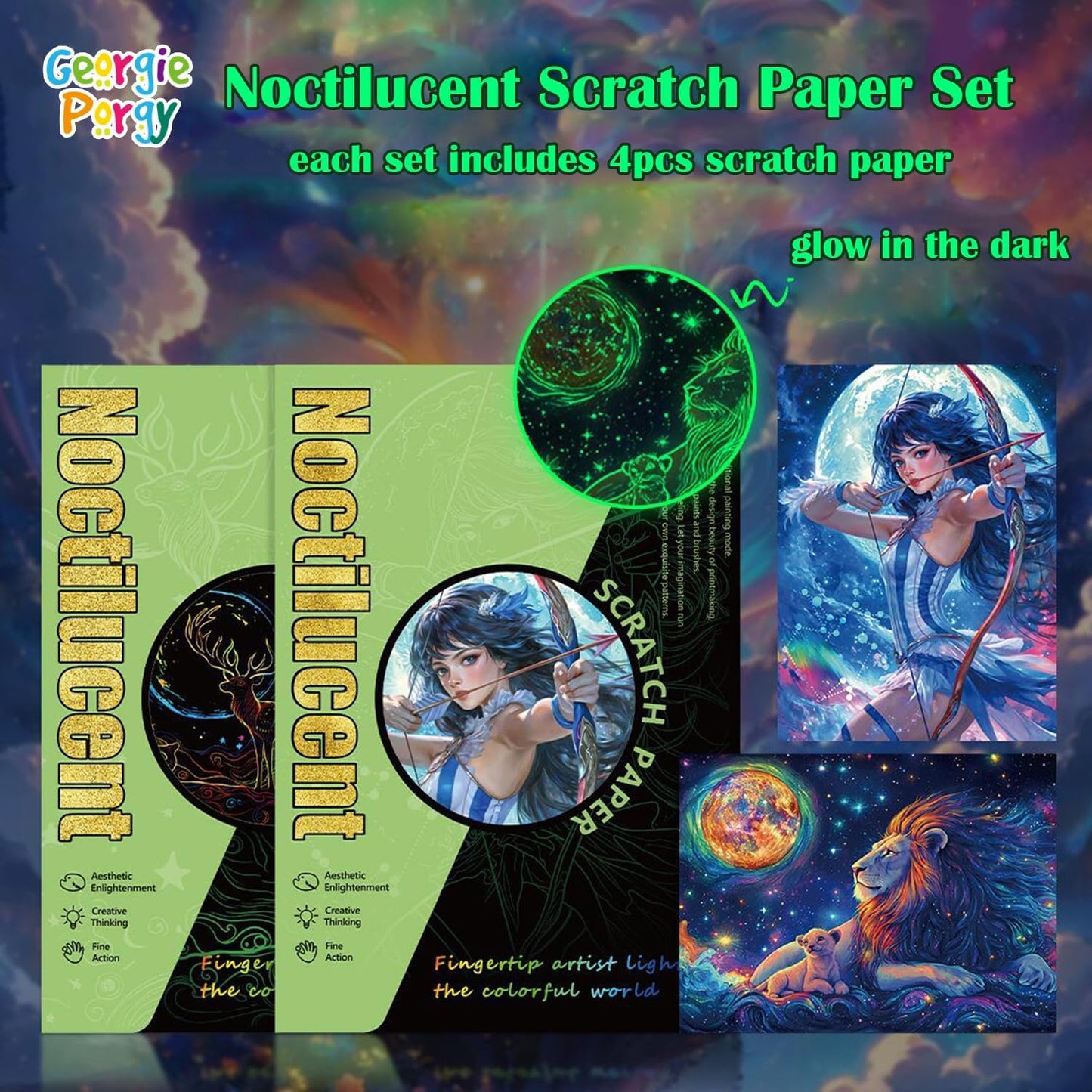 Georgie Porgy Scratch Paper Art Set for Kids Adults Magic Rainbow Scratchboards for DIY Arts and Crafts Kits Christmas Birthday Gift with Scratching Tools Kit (A4-Noctilucent Whale + Sea World)