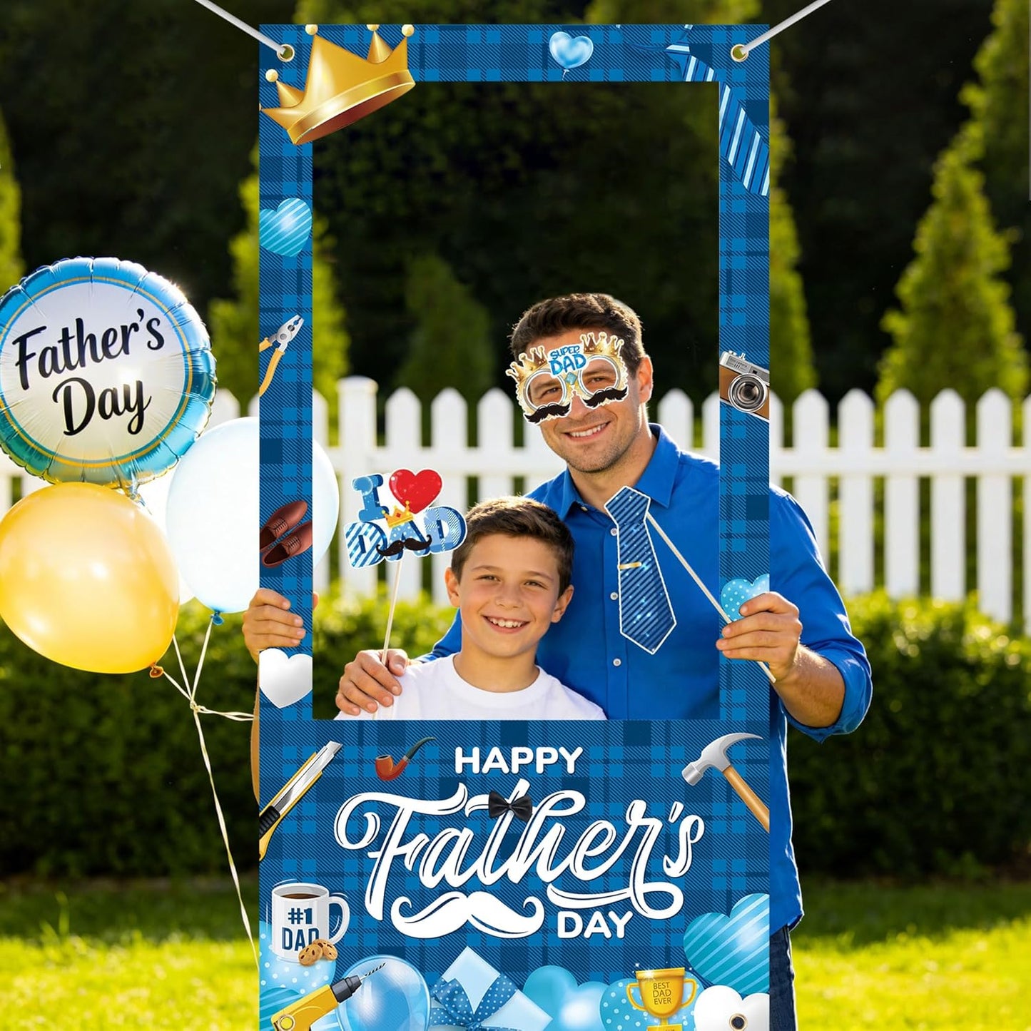 30Pcs Father's Day Photo Booth Props & Selfie Frame Set, Best Dad Super Dad Party Photo Props with 1Pc Selfie Banner for Father's Day Decoration Birthday Party Supplies Gifts