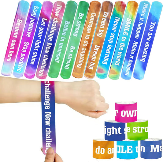 24PCS Motivational Slap Bracelets Bulk,Inspirational Saying Wristbands Party Favors, Encourage Bracelets for Classroom Rewards, Group Spirit Gifts, Event Giveaways Supplies