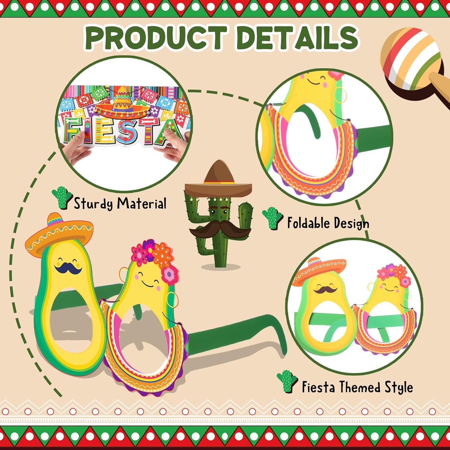 Pasimy Mexican Fiesta Party Decorations 17 Pcs Graduation Photo Booth Prop Kit 16 Fiesta Paper Eyeglasses with 1 Mexican Photo Booth Selfie Frame for Cinco De Mayo Birthday Party Supplies