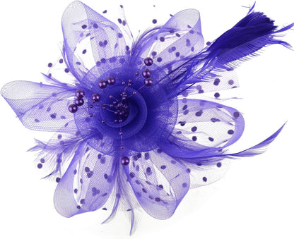 DRESHOW Fascinators Hat Flower Mesh Ribbons Feathers on a Headband and a Clip Tea Party Headwear for Girls and Women - Colors A