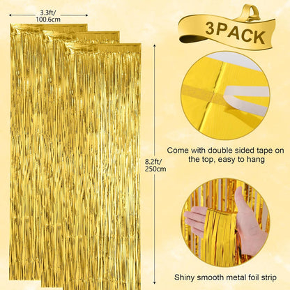 Voircoloria 3 Pack 3.3x8.2 Feet Gold Foil Fringe Backdrop Curtains, Tinsel Streamers, Fringe Backdrop for 2025 New Years Eve, Graduation, Birthday, Baby Shower, Gender Reveal, Disco Party - Colors A