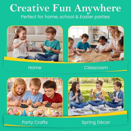 Iconikal 48-Count Easter Scratch Paper Ornaments, Art & Craft Bulk Pack with 24 Sticks Pastel Colored Underlayer