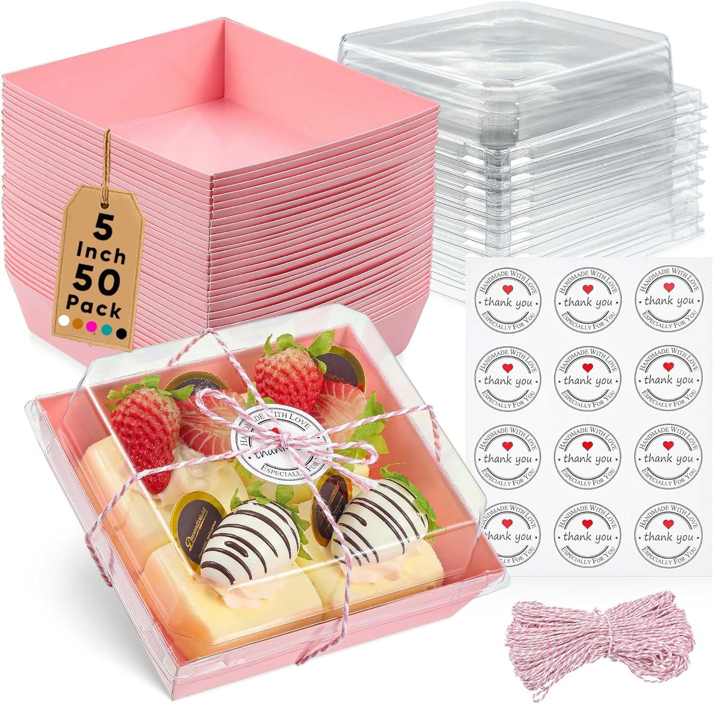 Leafiew 50 Pack Small Charcuterie Boxes with Clear Lids - To Go Paper Mini Charcuterie Box, Disposable Food Containers, 5Inch Dessert Boxes - Sandwich, Cookie, Sushi, Cake Slice, Strawberries (Brown)