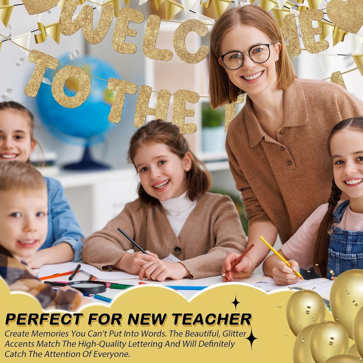 Fulmoon Pre Strung Welcome to The Team Banner with Two Heart Signs, NO DIY, Glitter Welcome Party Supplies for New Employee, Coworker, Colleague, Staff, Team Member Office Decorations(Champagne Gold)