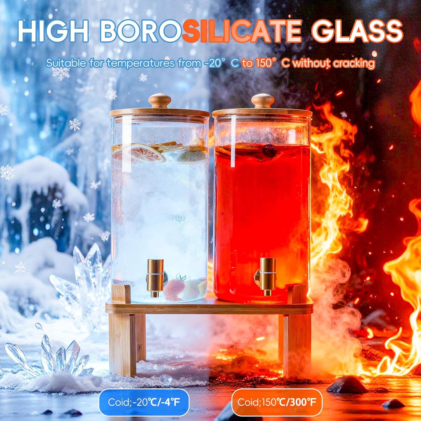 1.5 Gallon 2 Pack Glass Drink dispenser for parties,Beverage Dispenser With Wood Stand,Water Dispensers with spigot,lemonade dispenser,juice containers & water pitcher with lid