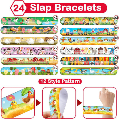 48PCS Farm Party Bracelets Set | 24 Slap Bracelets + 24 Rubber Bracelets | Barnyard Animal Silicone Wristbands Birthday Party Supplies, Classroom Rewards, Carnival Prizes