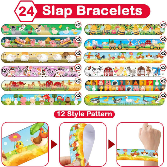 48PCS Farm Party Bracelets Set | 24 Slap Bracelets + 24 Rubber Bracelets | Barnyard Animal Silicone Wristbands Birthday Party Supplies, Classroom Rewards, Carnival Prizes