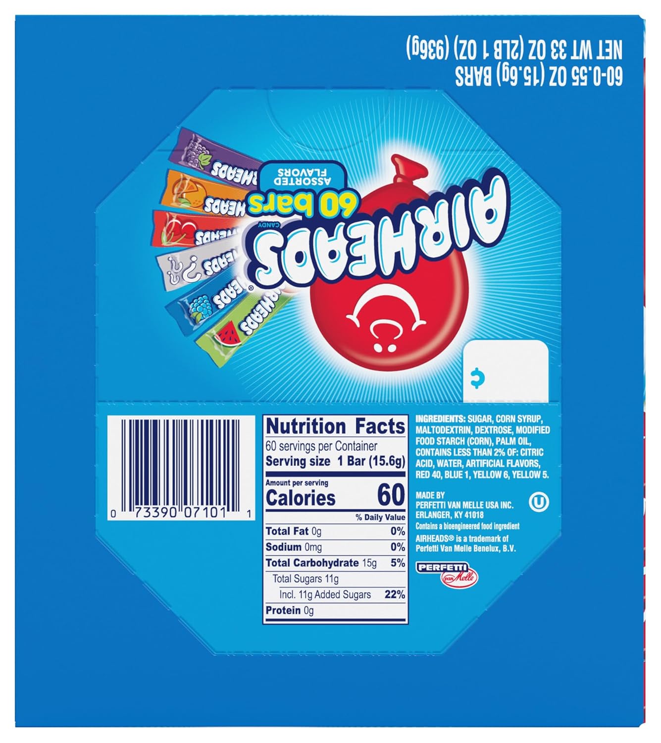 Airheads Full-Size Candy Bars, Taffy Candy Bulk Variety Pack, Individually Wrapped, Six Assorted Fruit Flavors Artificially Flavored, 60 Count Box