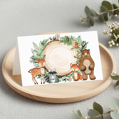 120 Pack Woodland Baby Shower Place Cards, 3.5" x 2" Foldable Table Tent Name Cards, Food Labels for Forest Animals Baby Shower Birthday Party Reception Tables Placement Party Decorations