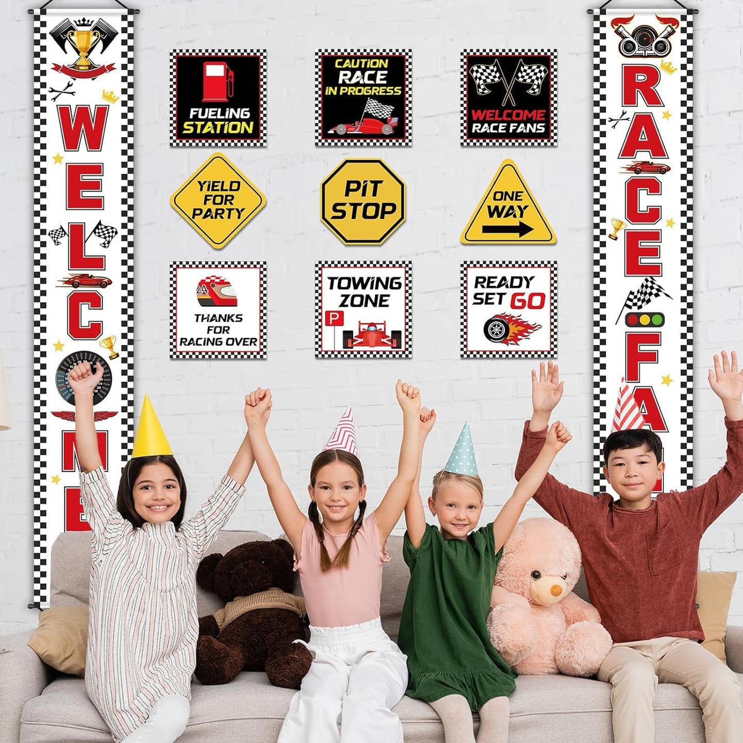 Race Car Birthday Party Banner Checkered Flags 9 Cars Party Signs for Car Birthday Party Decoration Set Racing Fans Welcome Porch Sign for Boys Let's Go Racing Party Supplies for Kids Race Fans