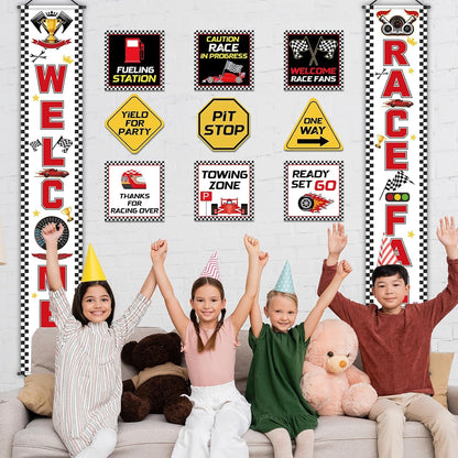 Race Car Birthday Party Banner Checkered Flags 9 Cars Party Signs for Car Birthday Party Decoration Set Racing Fans Welcome Porch Sign for Boys Let's Go Racing Party Supplies for Kids Race Fans