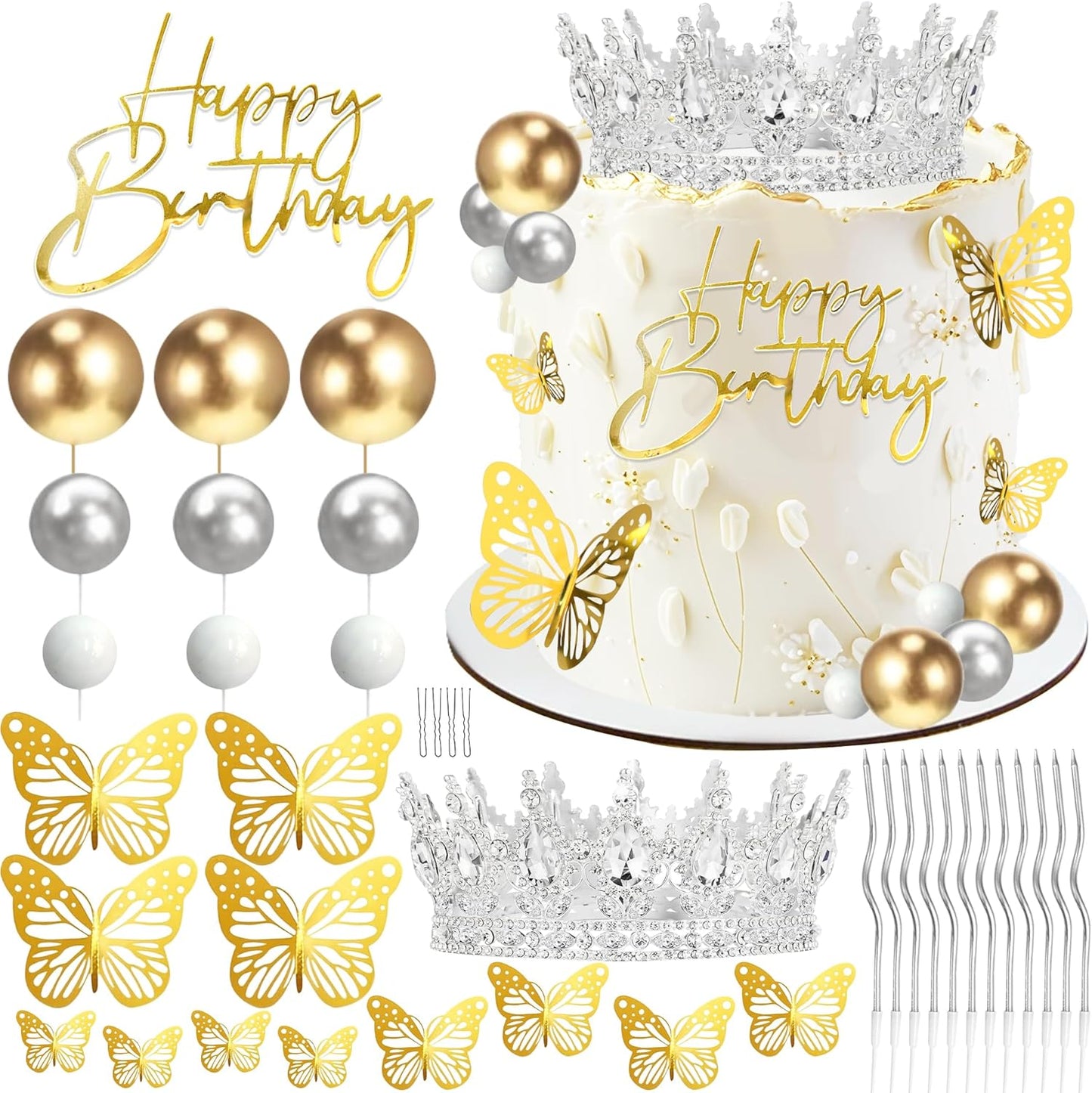 Crown Cake Topper, Balls Happy Birthday Cake Topper Pink Crown Birthday Candles Gold Butterflies, Corona Para Pastel, Cake Decorations for Birthday Wedding (Gold, Pink)