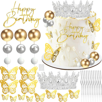 Crown Cake Topper, Balls Happy Birthday Cake Topper Pink Crown Birthday Candles Gold Butterflies, Corona Para Pastel, Cake Decorations for Birthday Wedding (Gold, Pink)