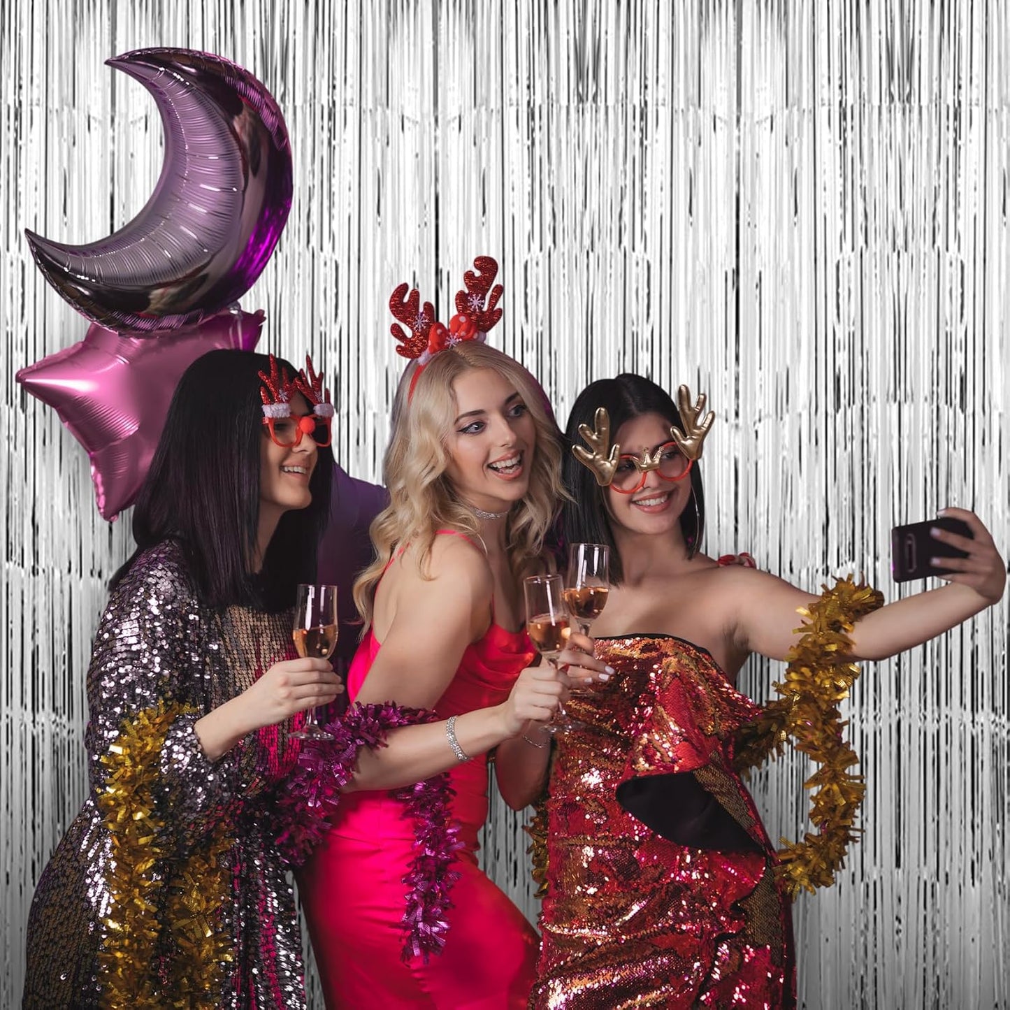 Birthday Party Decorations: 3 Pack 3.3 x 9.9 ft Gold Foil Fringe Curtains Party Supplies, Tinsel Curtain Backdrop for Parties/Birthday/Photo Booth