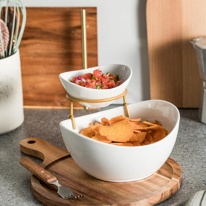 YHOSSEUN Chip and Dip Serving Set, 2 Tierd Serving Bowl Set Ceramic Chip and Dip Bowls with Stand, Serving Dishes for Entertaining Appetizer Serving Food Display Stand for Parties